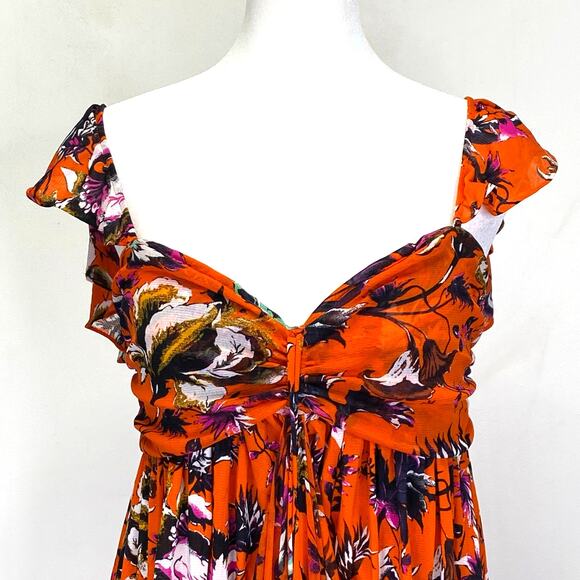 Diane Von Furstenberg Celestia Maxi Dress Orange Floral Sz M Ruched Mesh DVF - Picture 2 of 8